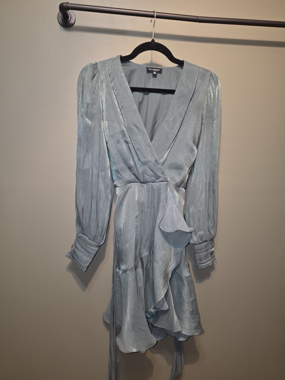 Blu Pepper Emerald Green Satin Wrap Dress with Ruffle Hem